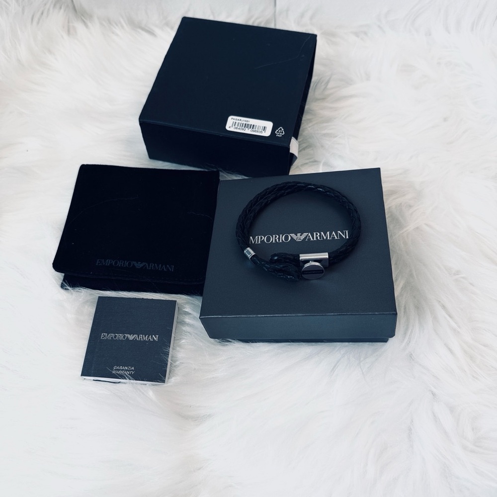 Emporio Armani Black Leather Bracelet with Palladium Hardware Accents